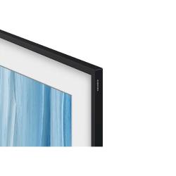 Detajl okvirja Samsung The Frame TV, tanek črn rob z vidnim logotipom Samsung ob zaslonu.