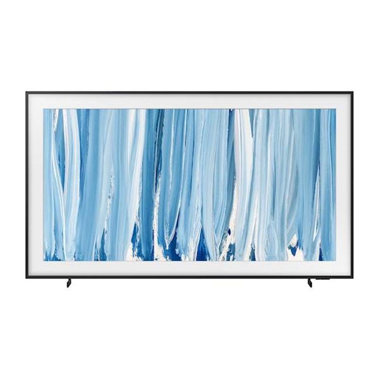 Samsung The Frame TV, frontalni pogled z črnim okvirjem in umetniško sliko, videz elegantne stenske slike.