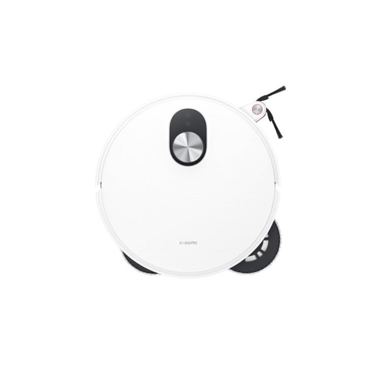 Xiaomi robotski sesalnik in pomivalec tal v beli barvi z LiDAR navigacijskim senzorjem, stransko krtačo in dvojnima vrtljivima krpama za mokro čiščenje, prikazan od zgoraj.