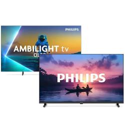 Philips TV: dva televizorja, zadnji z Ambilight osvetlitvijo, sprednji brez Ambilight, prizor čolna ob sončnem zahodu.