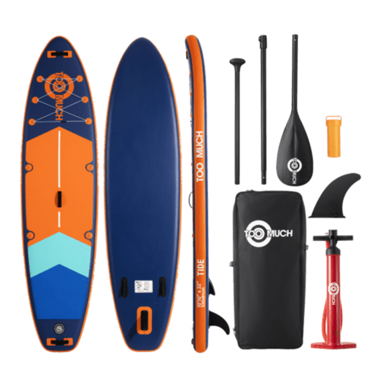 TOO MUCH Tide SUP komplet – Napihljiva SUP deska v modro‑oranžni barvi z veslom, torbo, tlačilko in dodatki.