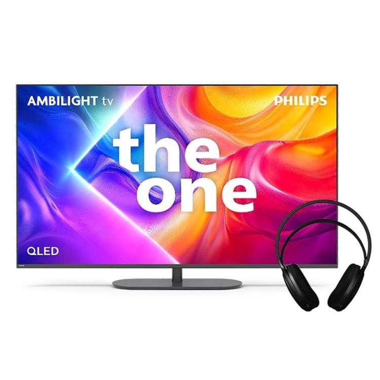 Philips Ambilight TV “The One” QLED: barvit 4K zaslon z napisom “the one”, priložene črne naglavne slušalke.