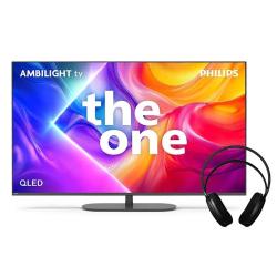 Philips Ambilight TV “The One” QLED: barvit 4K zaslon z napisom “the one”, priložene črne naglavne slušalke.