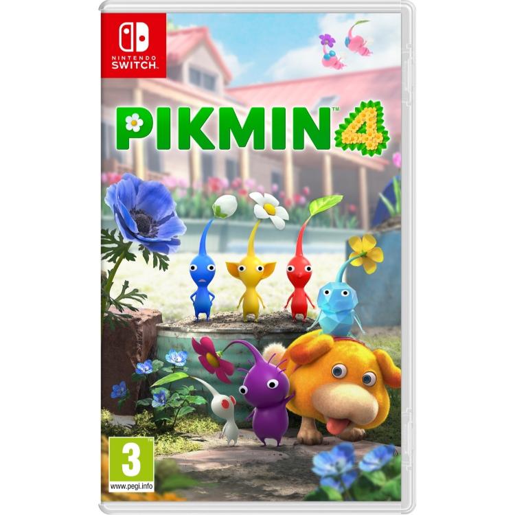 Igra Pikmin 4 za Nintendo Switch v fizični embalaži, z barvitimi bitji Pikmin, reševalnim psom Oatchijem in oznako PEGI 3.