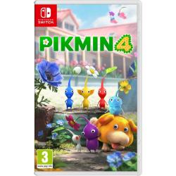 Igra Pikmin 4 za Nintendo Switch v fizični embalaži, z barvitimi bitji Pikmin, reševalnim psom Oatchijem in oznako PEGI 3.