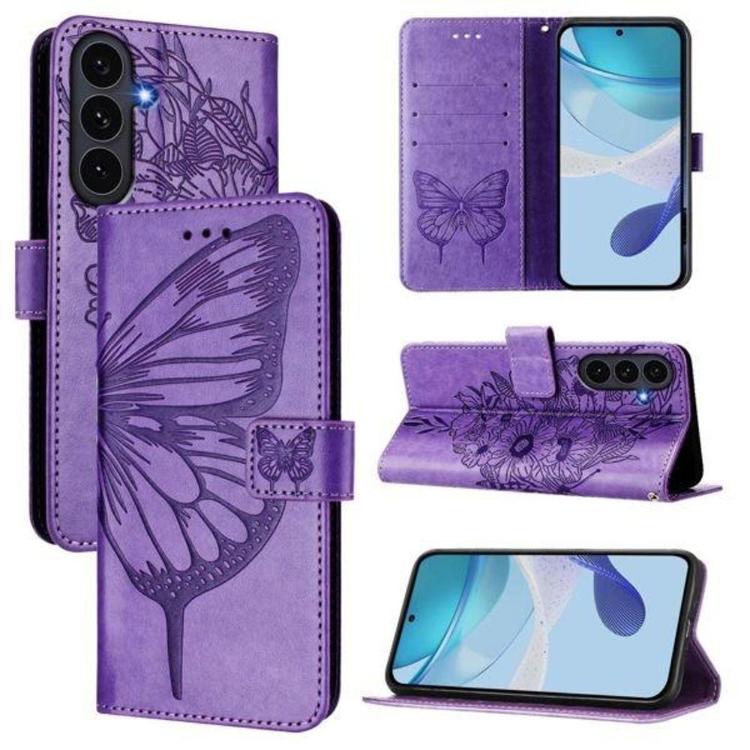 Vijolična preklopna torbica WLGO Butterfly za Samsung Galaxy S26 FE z režami za kartice, reliefnim motivom metulja in funkcijo denarnice.