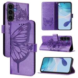 Vijolična preklopna torbica WLGO Butterfly za Samsung Galaxy S26 FE z režami za kartice, reliefnim motivom metulja in funkcijo denarnice.
