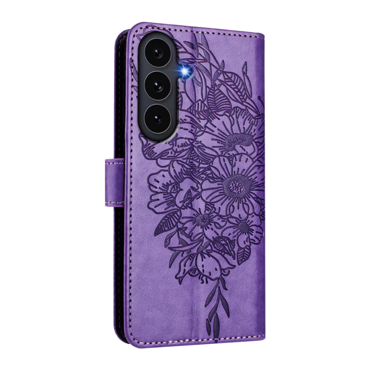 Vijolična preklopna torbica WLGO Butterfly za Samsung Galaxy S26 FE z reliefnim cvetličnim motivom, magnetnim zapiranjem in zaščito celotnega telefona.