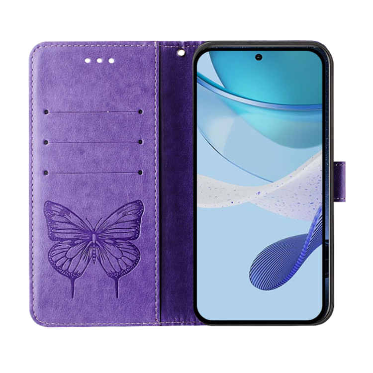 Vijolična preklopna torbica WLGO Butterfly za Samsung Galaxy S26 FE z režami za kartice, reliefnim motivom metulja in funkcijo denarnice.