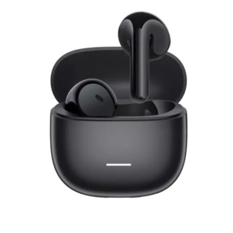 Črne Xiaomi brezžične slušalke v odprtem polnilnem etuiju s sijajnim ohišjem in LED indikatorjem.