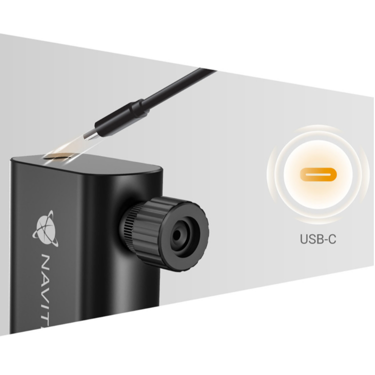 Navitel AIR12 Mini brezžična zračna tlačilka v črni barvi, prikazana z USB‑C priključkom za polnjenje in nastavkom za napihovanje.
