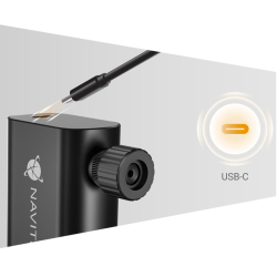 Navitel AIR12 Mini brezžična zračna tlačilka v črni barvi, prikazana z USB‑C priključkom za polnjenje in nastavkom za napihovanje.