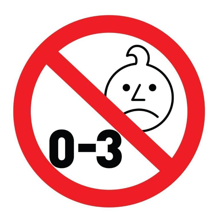 Opozorilni simbol prepovedi za otroke od 0 do 3 let zaradi majhnih delov.