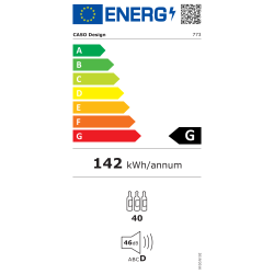 Energetska nalepka vinske vitrine CASO Design WineChef Pro 40 prikazuje energijski razred G, letno porabo energije 142 kWh, kapaciteto 40 steklenic ter raven hrupa 46 dB (razred hrupa C).