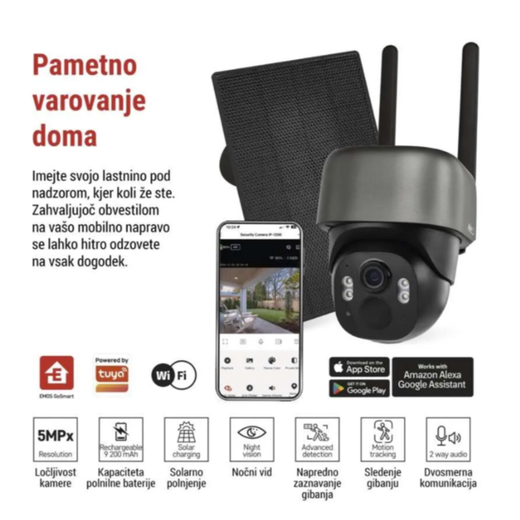 GoSmart IP-1200 zunanja vrtljiva kamera, prikazana s solarnim panelom, mobilno aplikacijo in glavnimi funkcijami za pametni nadzor doma.