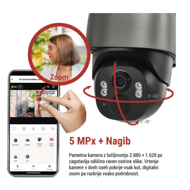 GoSmart IP-1200 zunanja vrtljiva kamera, prikazana z digitalnim zoomom ter možnostjo vrtenja za 355° vodoravno in 70° navpično.
