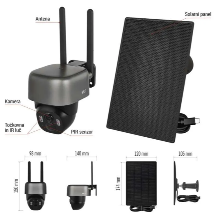GoSmart IP-1200 zunanja vrtljiva kamera, prikazana s tehničnim prikazom kamere in solarnega panela. Vidne so dimenzije kamere 150 × 98 × 140 mm ter solarnega panela 174 × 120 mm.