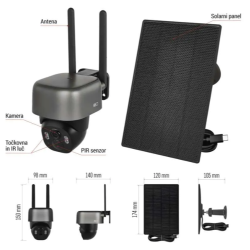 GoSmart IP-1200 zunanja vrtljiva kamera, prikazana s tehničnim prikazom kamere in solarnega panela. Vidne so dimenzije kamere 150 × 98 × 140 mm ter solarnega panela 174 × 120 mm.
