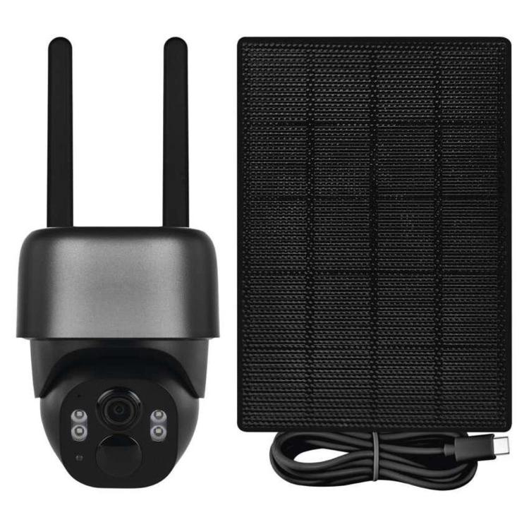 GoSmart IP-1200 zunanja vrtljiva kamera v antracitni barvi, prikazana skupaj s solarnim panelom za neprekinjeno napajanje.