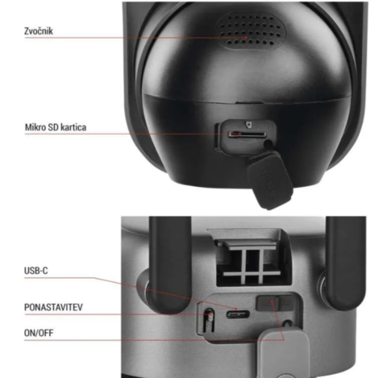 GoSmart IP-1200 zunanja vrtljiva kamera, prikazana z odprtimi priključki za mikro SD kartico, USB‑C polnjenje ter gumboma za vklop in ponastavitev.