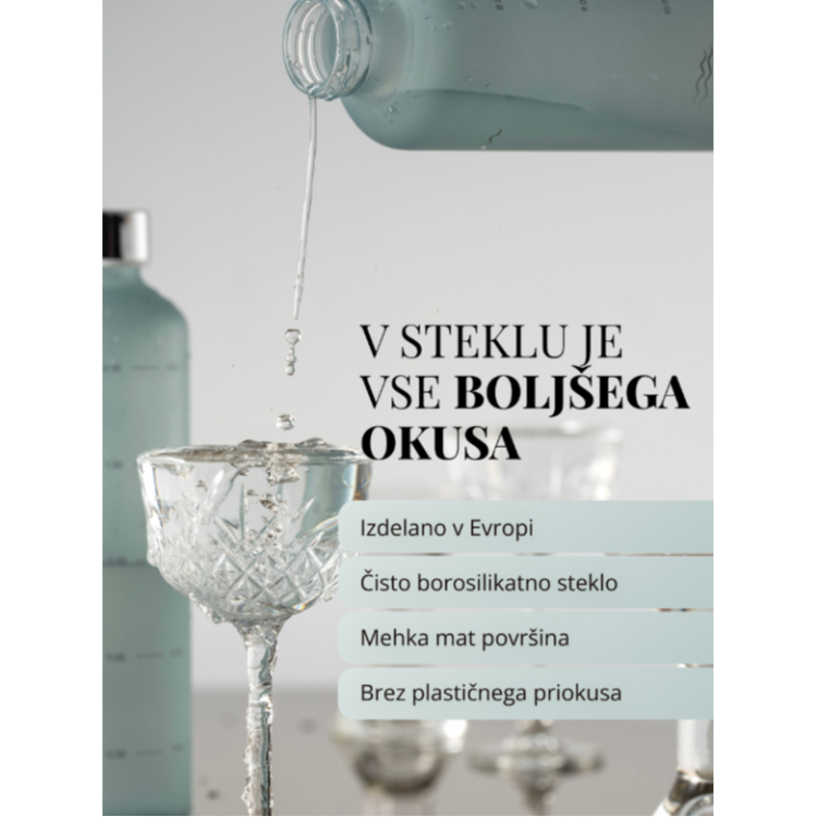 Steklenička EQUA iz mat stekla, naliva vodo v kozarec, poudarjen okus brez plastike in evropska kakovost