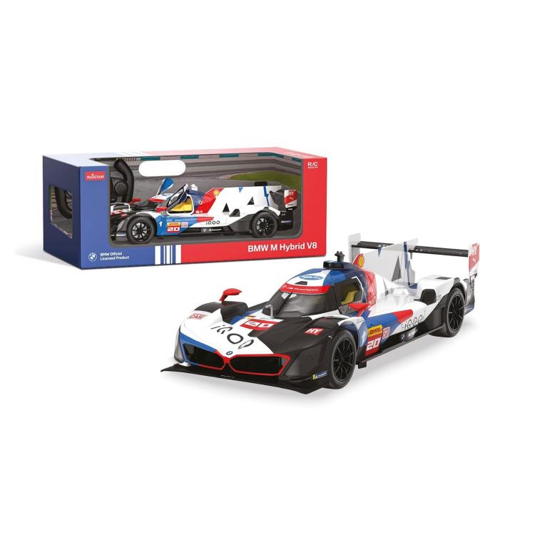 RC model BMW M Hybrid V8 v dirkalni poslikavi, merilo 1:14, prikazan z originalno embalažo Rastar.