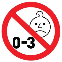 Opozorilni znak "0–3", ki označuje, da izdelek ni primeren za otroke, mlajše od 3 let.