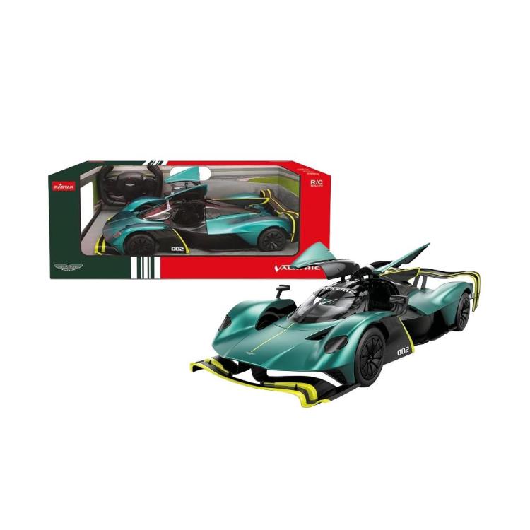 RC model Aston Martin Valkyrie v zeleni barvi, merilo 1:14, prikazan z originalno embalažo Rastar.
