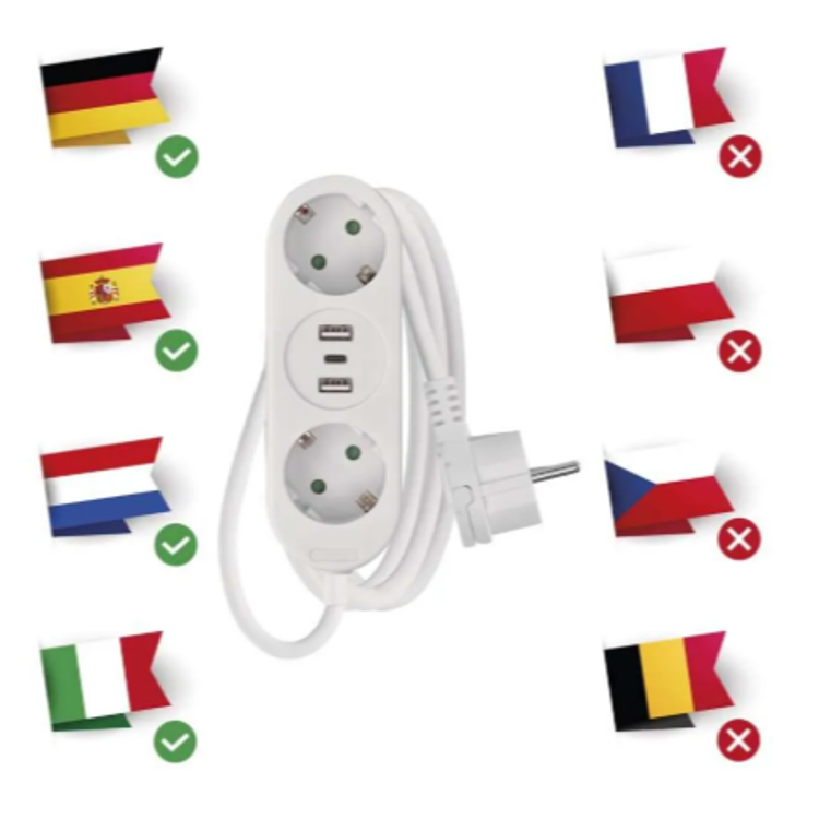 Podaljšek EMOS z 2 vtičnicama, 2x USB-A in USB-C; združljiv z DE, ES, NL, ne pa FR, PL, CZ, BE.