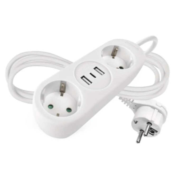 Bel podaljšek EMOS z 2 Schuko vtičnicama, 2x USB-A, 1x USB-C priključkom in belim napajalnim kablom.