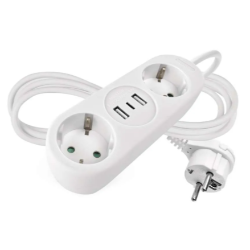 Bel podaljšek EMOS z 2 Schuko vtičnicama, 2x USB-A, 1x USB-C priključkom in belim napajalnim kablom.
