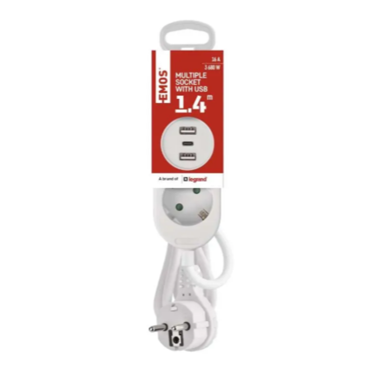 Embalaža podaljška EMOS 1,4 m, 16 A, 3680 W, z 2 USB-A in 1 USB-C priključkom.