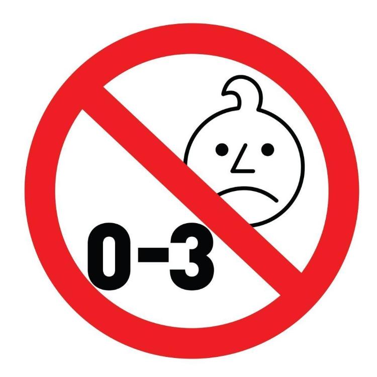 Opozorilni simbol prepovedi za otroke od 0 do 3 let zaradi majhnih delov.