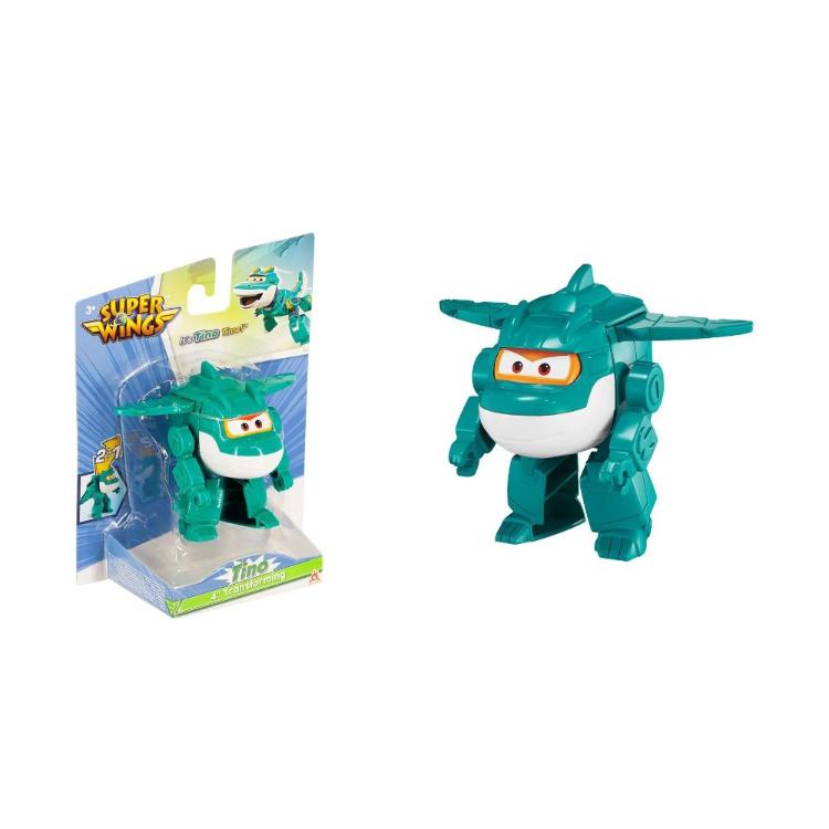 Transformirajoča figura Tino iz Super Wings, ki se iz letala spremeni v robota dinozavra, primerna za otroke 3+.