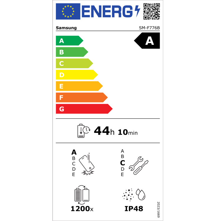 Energijska nalepka pametnega telefona Samsung Galaxy Z Flip prikazuje energijski razred A, avtonomijo baterije do 44 ur in 10 minut ter zaščito IP48.