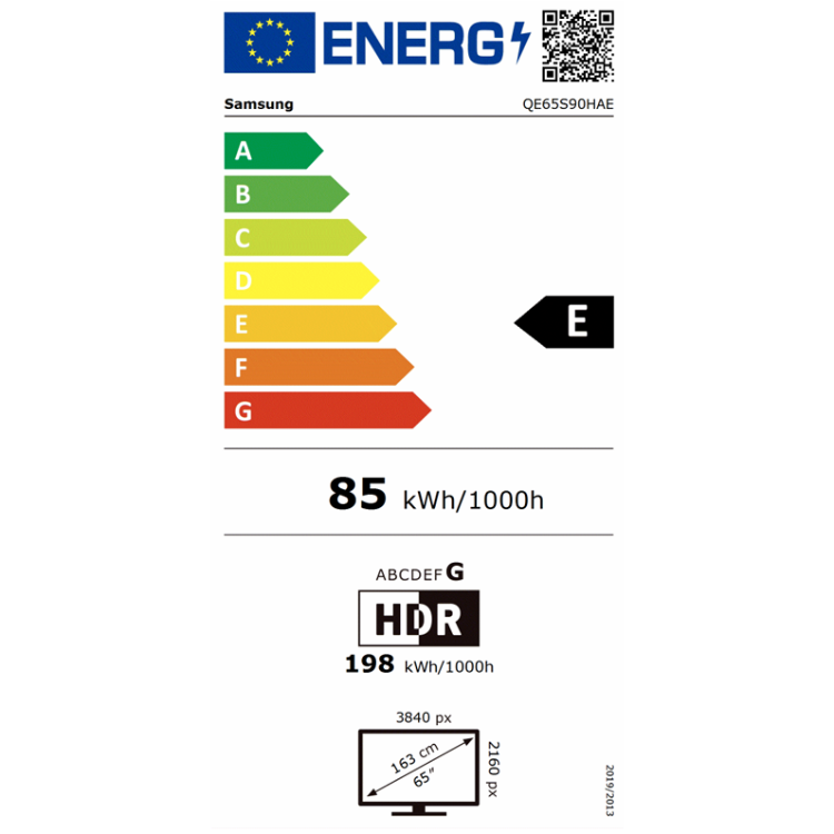 Energijska nalepka Samsung OLED TV QE65S90HAE z razredom učinkovitosti E, poraba 85 kWh/1000 h in diagonala 65 palcev.