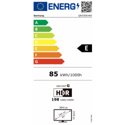 Energijska nalepka Samsung OLED TV QE65S90HAE z razredom učinkovitosti E, poraba 85 kWh/1000 h in diagonala 65 palcev.