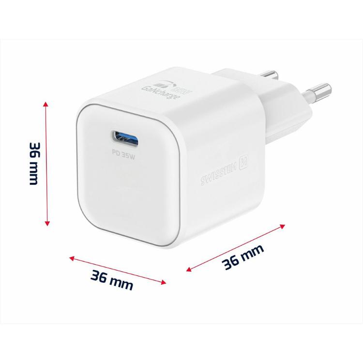 Copilot said:  Hitri stenski polnilnik Swissten GaN 35 W v elegantni beli izvedbi z USB‑C Power Delivery izhodom omogoča hitro in učinkovito polnjenje pametnih telefonov, tablic, prenosnikov ter drugih združljivih naprav.