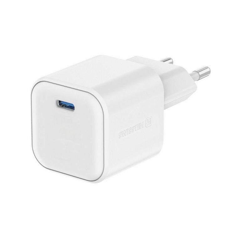 Kompaktni USB‑C polnilnik Swissten GaN 35 W z minimalističnim belim dizajnom, podporo Power Delivery in večstopenjsko zaščito zagotavlja varno, hitro in zanesljivo napajanje sodobnih elektronskih naprav.