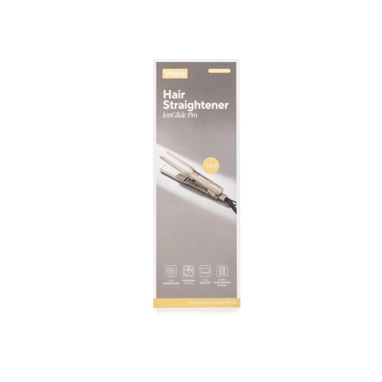 Embalaža Vitapur Hair Straightener IonGlide Pro 2-v-1 z likalnikom za ravnanje in kodranje las.