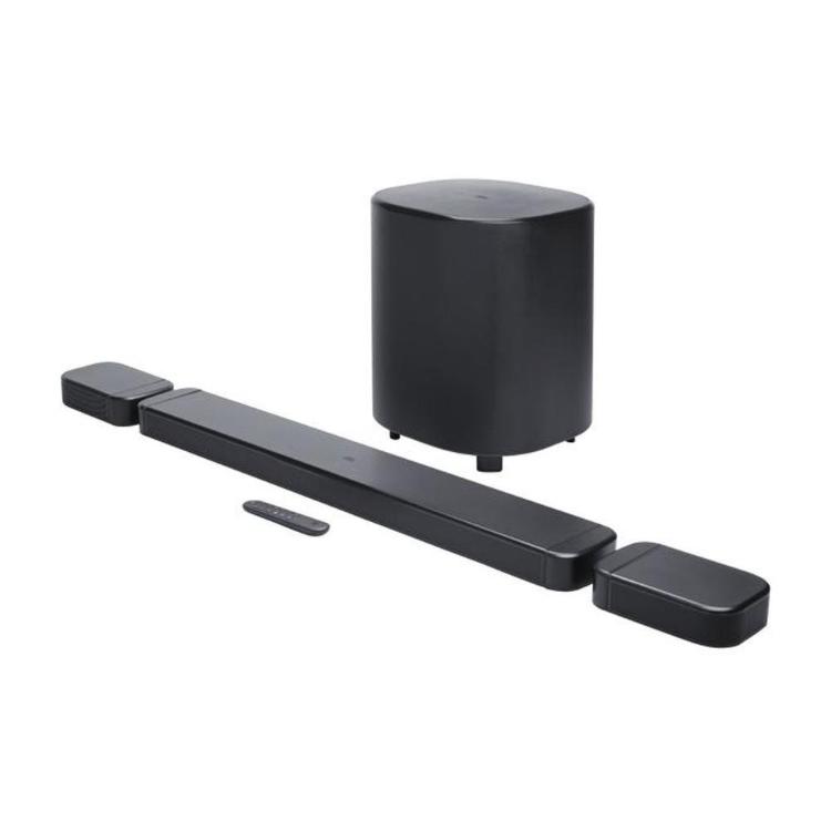 Soundbar JBL 800 M2 z brezžičnim nizkotoncem, odstranljivima prostorskima zvočnikoma in daljincem.