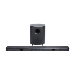 Soundbar JBL 800 M2 zadnji pogled na zvočno letev in nizkotonec z vidnimi priključki ter odprtinami zvočnikov.
