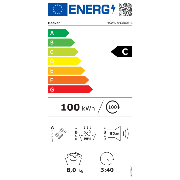 Energetska nalepka sušilnega stroja **Hoover H5WS 8N3BXH-S** prikazuje **energijski razred C**, porabo **100 kWh na 100 ciklov**, zmogljivost sušenja **8 kg**, trajanje programa **3 ure in 40 minut**, raven hrupa **62 dB (razred hrupa B)** ter **učinkovitost kondenzacije razreda B (90 %)**.