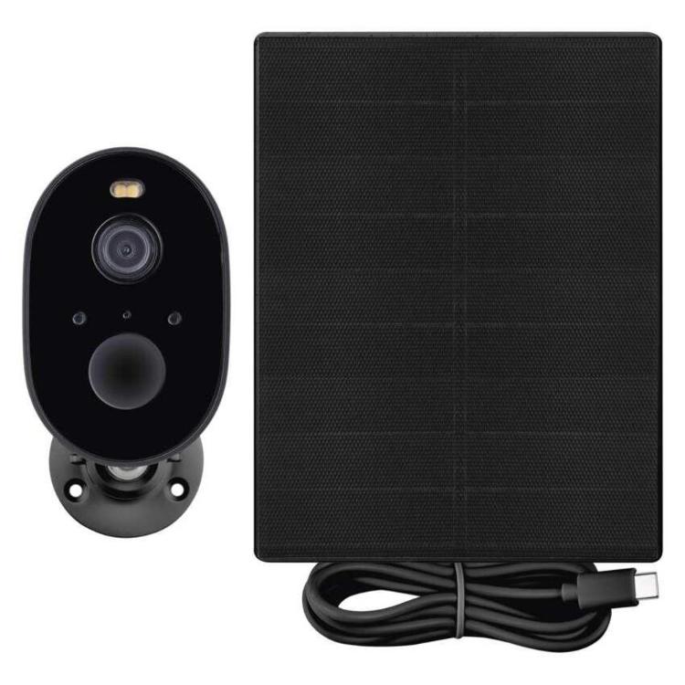 GoSmart IP-1150 SNAP zunanja kamera v antracitni barvi, prikazana skupaj s solarnim panelom za brezžično napajanje in neprekinjeno delovanje.