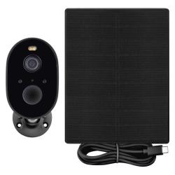 GoSmart IP-1150 SNAP zunanja kamera v antracitni barvi, prikazana skupaj s solarnim panelom za brezžično napajanje in neprekinjeno delovanje.