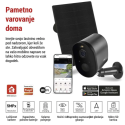 GoSmart IP-1150 SNAP zunanja kamera v antracitni barvi, prikazana s solarnim panelom, mobilno aplikacijo in glavnimi funkcijami za pametni nadzor doma.