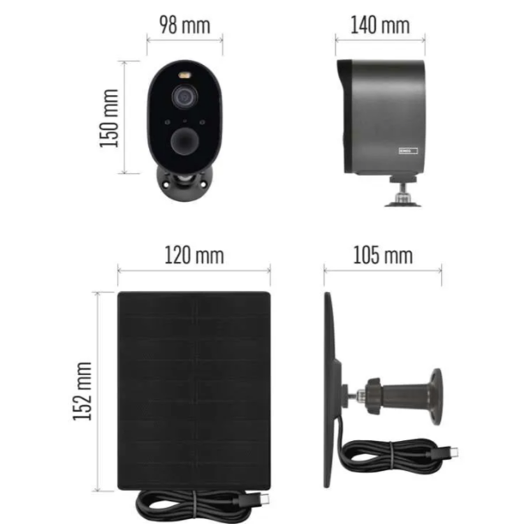 GoSmart IP-1150 SNAP zunanja kamera v antracitni barvi, prikazana s tehničnim prikazom dimenzij kamere in solarnega panela. Vidne so dimenzije kamere 150 × 98 × 140 mm ter solarnega panela 152 × 120 mm.
