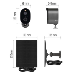 GoSmart IP-1150 SNAP zunanja kamera v antracitni barvi, prikazana s tehničnim prikazom dimenzij kamere in solarnega panela. Vidne so dimenzije kamere 150 × 98 × 140 mm ter solarnega panela 152 × 120 mm.