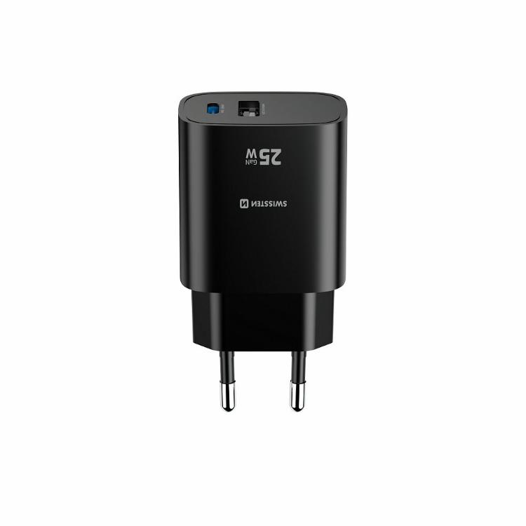 Copilot said:  Hitri stenski polnilnik Swissten Edge GaN 25 W v elegantni črni izvedbi z USB‑C Power Delivery izhodom 25 W in USB‑A Quick Charge 3.0 izhodom 18 W omogoča hitro ter učinkovito polnjenje pametnih telefonov, tablic in drugih združljivih naprav.