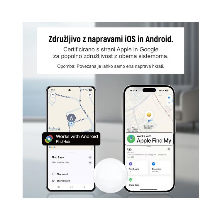 Pametni sledilnik, združljiv z Apple Find My in Android Find Hub, prikaz s telefoni in funkcijo sledenja lokacije.